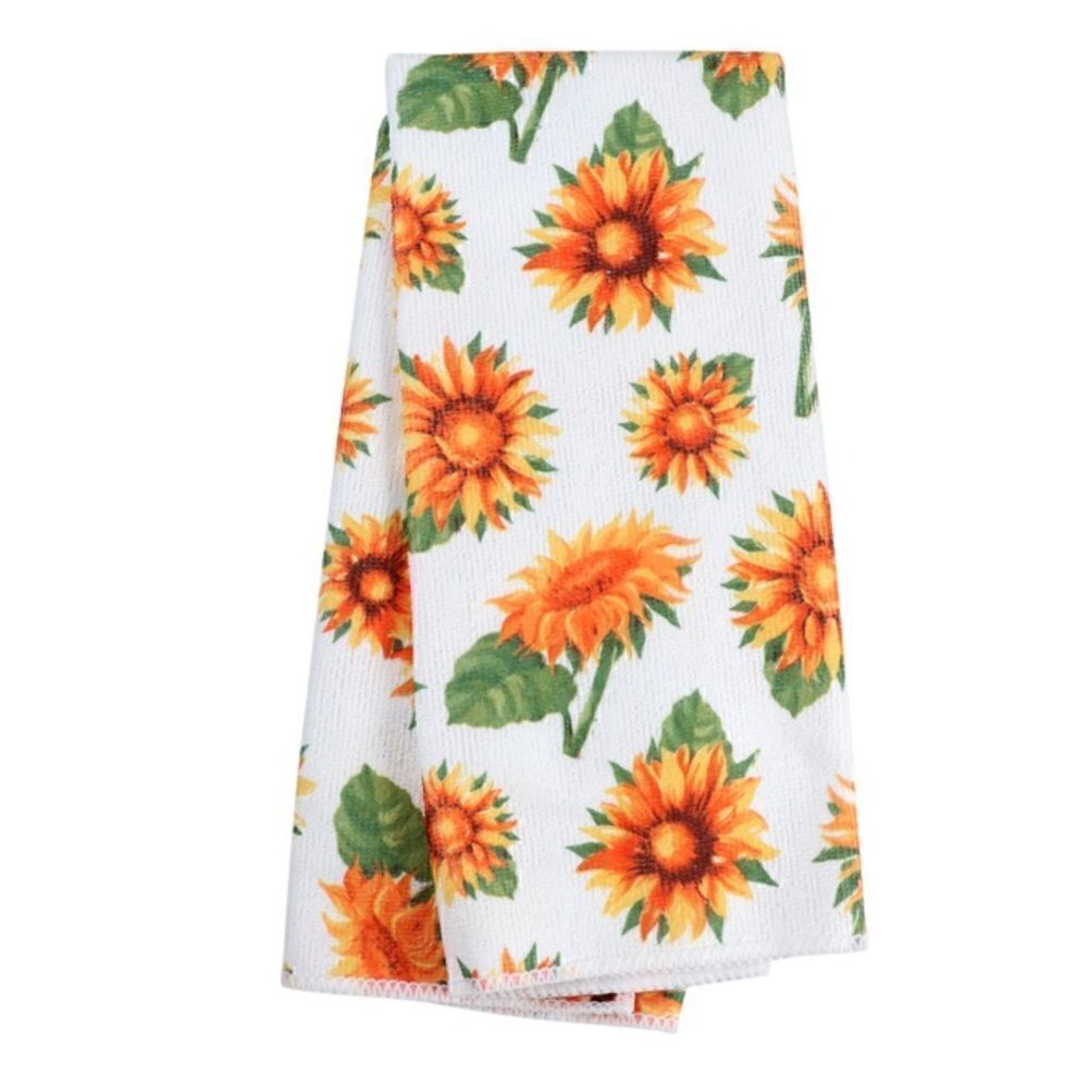 Two Sunflower Printed Kitchen Towels, 15x25 in. White, Yellow, Orange and Green